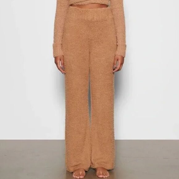Skims Cozy Knit Wide Leg Sweater Pants S/M Camel Teddy Bear Boucle - Picture 1 of 11